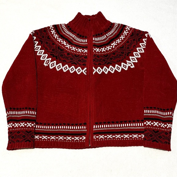 VINTAGE BLAIR FAIR ISLE CHENILLE ZIP MOCK NECK CARDIGAN SWEATER IN RED WINE. 2XL - Picture 3 of 10
